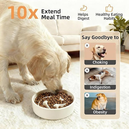 Ceramic Slow Feeder Dog Bowls Small Breed, 0.6 Cups Slow Eating Dog Bowl, Anti-Gulping Puppy Food Bowl Reduce Choking, Puzzle Maze Design Pet Dishes for Fast Eaters, 6.3 inch - Beige