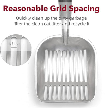Cat Litter Scoop, Kitty Metal Scooper, Aluminum Alloy Sifter, Kitten Pooper Lifter, Deep Shovel, Long Handle, Poop Sifting, Durable, Heavy Duty, for Litter Box