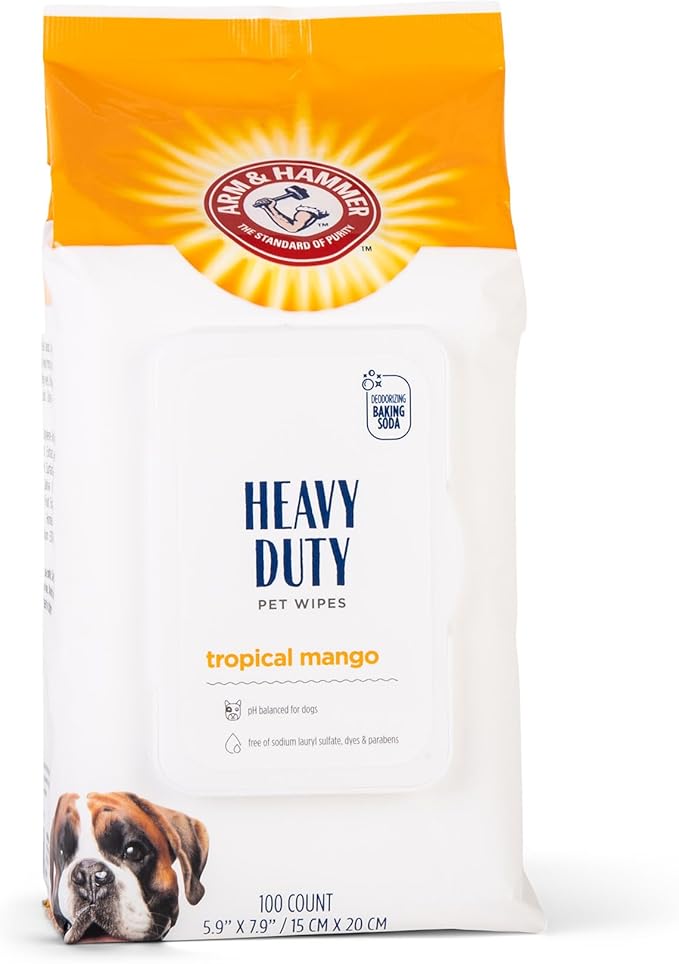 Arm & Hammer for Pets Heavy Duty Multipurpose Dog Wipes, Paw and Butt Wipes for Dogs to Help Clean Deodorize and Freshen Coat and Skin Between Baths, Mango Scent, 100 Count - 6 Pack