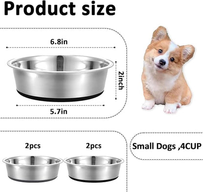 4 Cup Stainless Steel Dog Bowls Set of 4 for Food and Water, Silicone Base Anti-Slip, Rust Resistant, Extra Thick Metal Dog Bowl for Small Dogs, 30oz