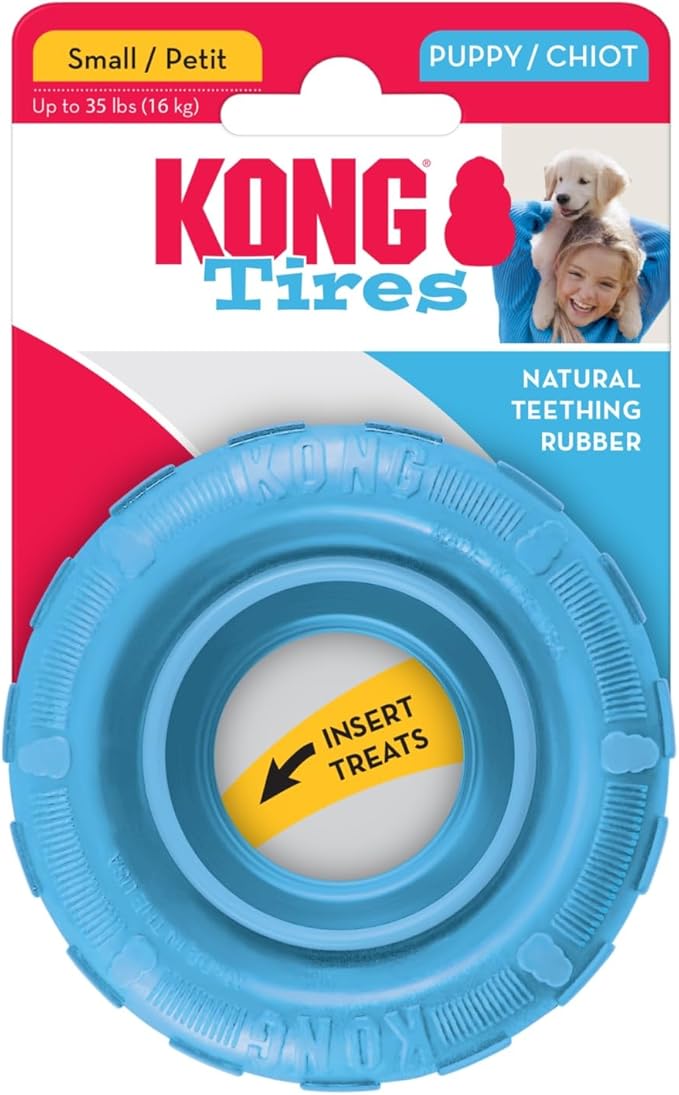 KONG Puppy Tires - Dog Chew Toy for Puppies - Stuffable Dog Toy for Treats & Snacks - Natural Rubber Chew Toy for Teething Puppy - for Small Puppies - Randomly Provided Color