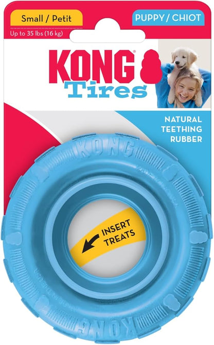 KONG Puppy Tires - Dog Chew Toy for Puppies - Stuffable Dog Toy for Treats & Snacks - Natural Rubber Chew Toy for Teething Puppy - for Small Puppies - Randomly Provided Color