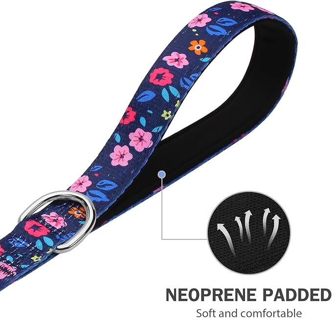 Hikiko 4 Ft Double Handle Dog Leash for Small Medium Large Dogs, Padded Traffic Handles Lead for Walking Training (Navy Blue Floral)