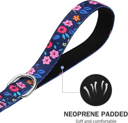 Hikiko Double Handle Dog Leash 6 Ft for Medium Large Dogs, Padded Traffic Handles Lead for Walking Training (Navy Blue Floral)