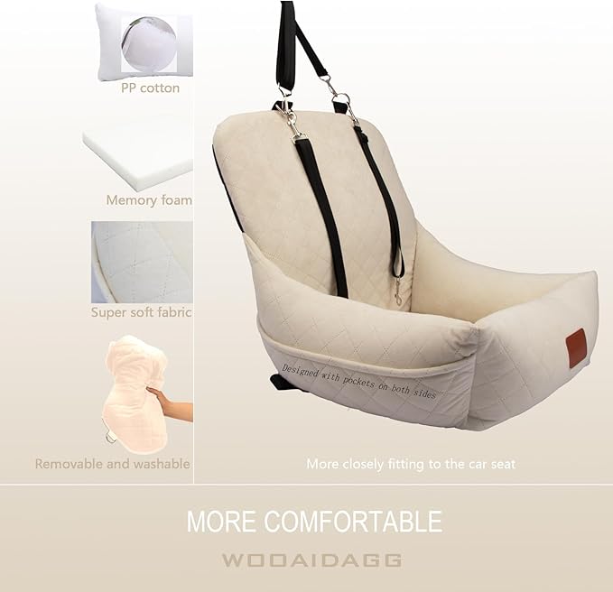 WOOAIDAGG Dog Car Seat for Small Dogs,Ultra-Soft Fabric,2 Storage Pockets & Safety Leash,Adjustable Straps,Easy to Install,Fully Detachable and Washable(Beige)
