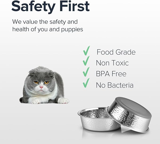 URBUDDIES 2 Pack Hammered Stainless Steel Cat Bowls, Premium Metal Cat Bowls with Non Slip Rubber Bottom, Dishwasher Safe, Easy to Clean, 2 Cup, Gray Bottom