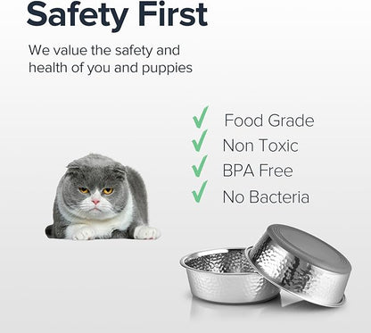 URBUDDIES 2 Pack Hammered Stainless Steel Cat Bowls, Premium Metal Cat Bowls with Non Slip Rubber Bottom, Dishwasher Safe, Easy to Clean, 2 Cup, Gray Bottom