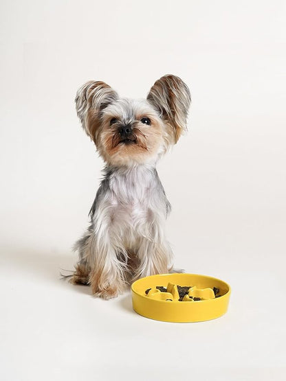 LE TAUCI PET Ceramic Slow Feeder Dog Bowls Small Breed, 0.5 Cups Dog Food Dish for Fast Eaters, Puzzle Bowl for Small Dogs and Cats, 5.5 Inch-Yellow