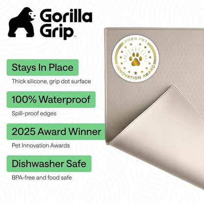 GORILLA GRIP 100% Waterproof Raised Edge BPA Free Silicone Pet Feeding Mat, Dog Cat Food Mats Contain Spills Protects Floors, Placemats for Cats and Dogs Water Bowl, Pets Accessories 23x15 Beige