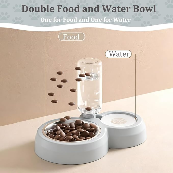 Double Dog Cat Bowls, Pets Food and Water Bowl Set with Automatic Water Dispenser and Stainless Steel Bowl Silicone Dog Bowl Mat, Gravity Feeder for Cats and Small Dogs Puppies (Grey)