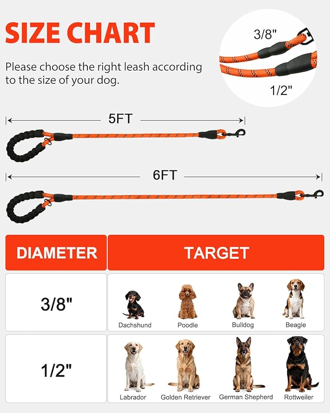 Joytale Dog Leash for Large Dogs, Heavy Duty Nylon Leashes with Comfortable Padded Handle and Highly Reflective Threads, Ideal for Walking and Training, Orange, 5'×1/2''