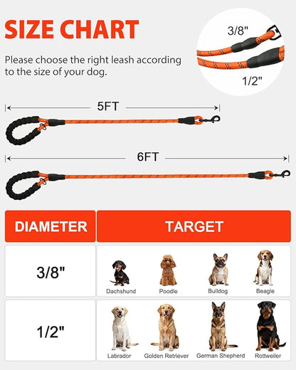Joytale Dog Leash for Large Dogs, Heavy Duty Nylon Leashes with Comfortable Padded Handle and Highly Reflective Threads, Ideal for Walking and Training, Orange, 6'×1/2''