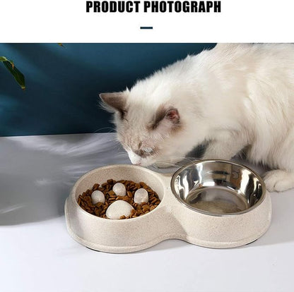 Tineer Double Pet Dog Slow Feeder Bowl,Stainless Steel Anti-Choke Puppy Food and Water Feeder for Dogs Cats (Blue)