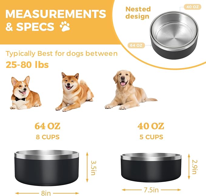 2 Pack Stainless Steel Dog Bowls, Outdoor Dog Water Bowl with Non Slip Rubber Bottom, Dishwasher Safe, Easy to Clean,40oz&64oz Black