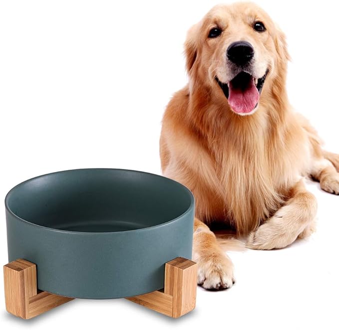Green Ceramic Dog Bowls With Wood Stand, Water and Food Dish, Heavy Weighted No Tip Over Comfort Bowls, Stoneware Pet Bowl, Extra High Capacity 8.4" Diameter for Large Dogs