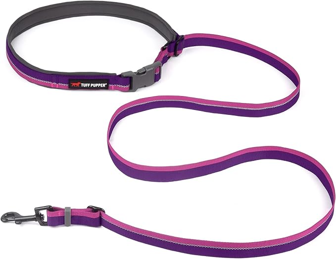 Tuff Pupper Hands Free Adjustable Length Dog Leash | Lightweight for Running Jogging Walking | Padded Waist Belt (24-50 inch) | Adjusts 3 to 6 Feet Length | Strong Ballistic Nylon w/Reflective Strips