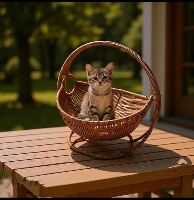 Cat Cradle Hammock Rattan Styles Cute Creative Hanging Kit with Stand Cups, Indoor Outdoor Hanging Swing Bed for Cats, Small Dogs & Small Animals, Ideal for Sleeping, Playing & Lounging (Small)