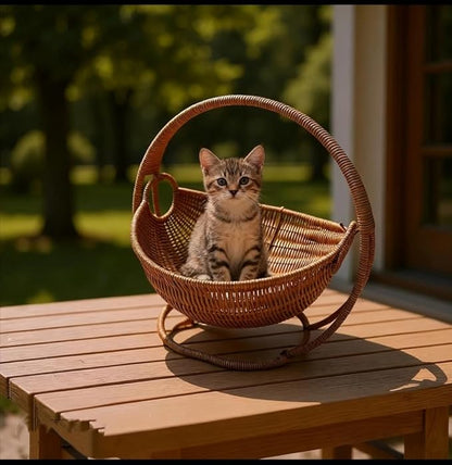 Cat Cradle Hammock Rattan Styles Cute Creative Hanging Kit with Stand Cups, Indoor Outdoor Hanging Swing Bed for Cats, Small Dogs & Small Animals, Ideal for Sleeping, Playing & Lounging (Small)