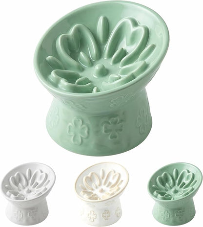 TRUVIC Ceramic Slow Feeder Cat Bowl, 15° Tilted Elevated Cat Slow Eating Bowl for Neck Protection, Anti Vomiting Dog Slow Feeder, Whisker Friendly & No Black Chin for Cats and Small Dogs, Green