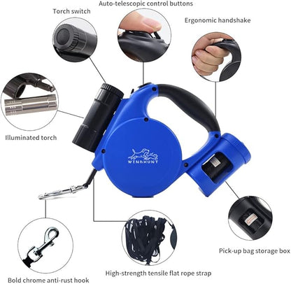 360° Tangle-Free Retractable Dog Leash with Flashlight, Dispenser and Poop Bag Heavy-Duty Nylon Tape for Small, Medium Dogs and Cats One-Handed Brake and Lock, Blue