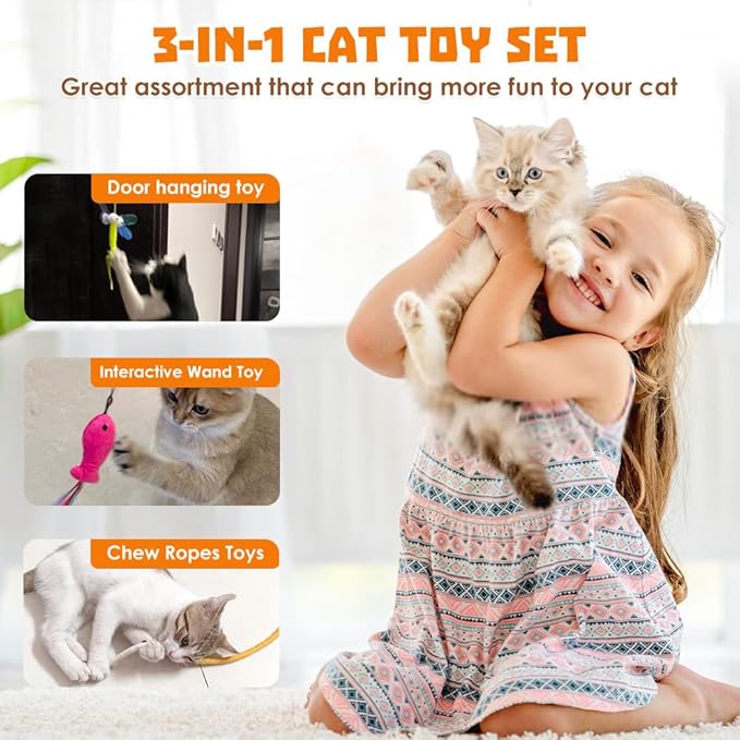 Interactive Cat Toys 8 Pcs, 1 Interactive Wand, 1 Cat Chew Ropes 7 Assorted Teaser Refills and 2 Indoor Hanging Catnip Toy Suitable for Bored Adult Cats and Kittens Play Chase Exercise