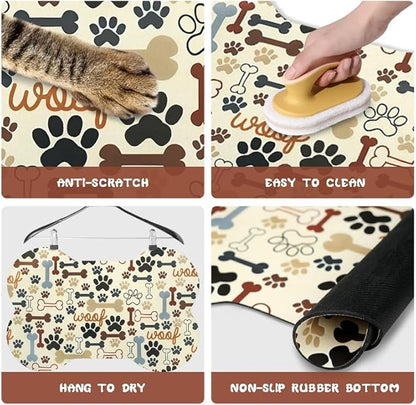 Dog Food Mats for Floors Waterproof, Pet Feeding Absorbent Water Bowl Mat Cat Placemats Beige Bone Shape 23.6 * 15.7 inch