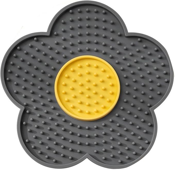 Slow Feeder Mat for Fast Eaters Pet Lick Pad Flower Design Silicone Grooming & Training Aid for Anxious Dogs Cats Grey One Size