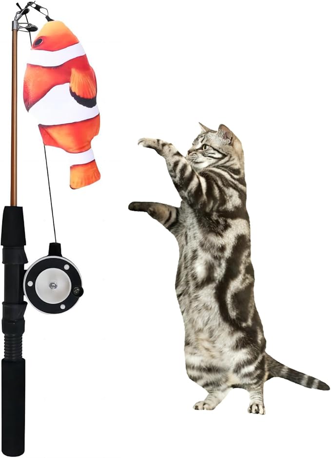 Retractable teaser cat stick, extra long fish & feather decorative cat fishing pole shape teaser cat stick, cat feather interactive toys, toys are replaceable, adjustable line length. (Clownfish)