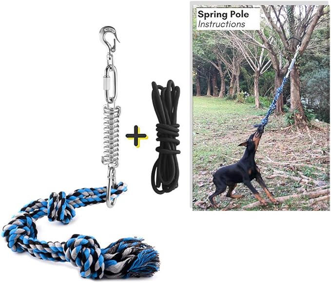 SIXRUN Spring Pole Dog Rope Toy, Rust Proof Steel, Muscle Building, Outdoor Tug of War Exercise, 38.97 Inch, for Large Dogs