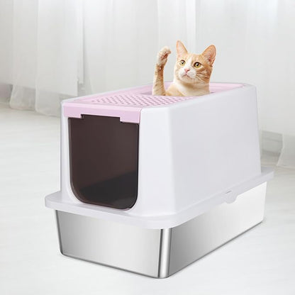 RIZZARI Enclosed Cat Litter Box: Extra Large Pink Litter Pan with Top Exit & Anti-Leak Design - Teflon Non-Stick Coating Stainless Steel Cleaning - Odor-Control in Garage Utility Room
