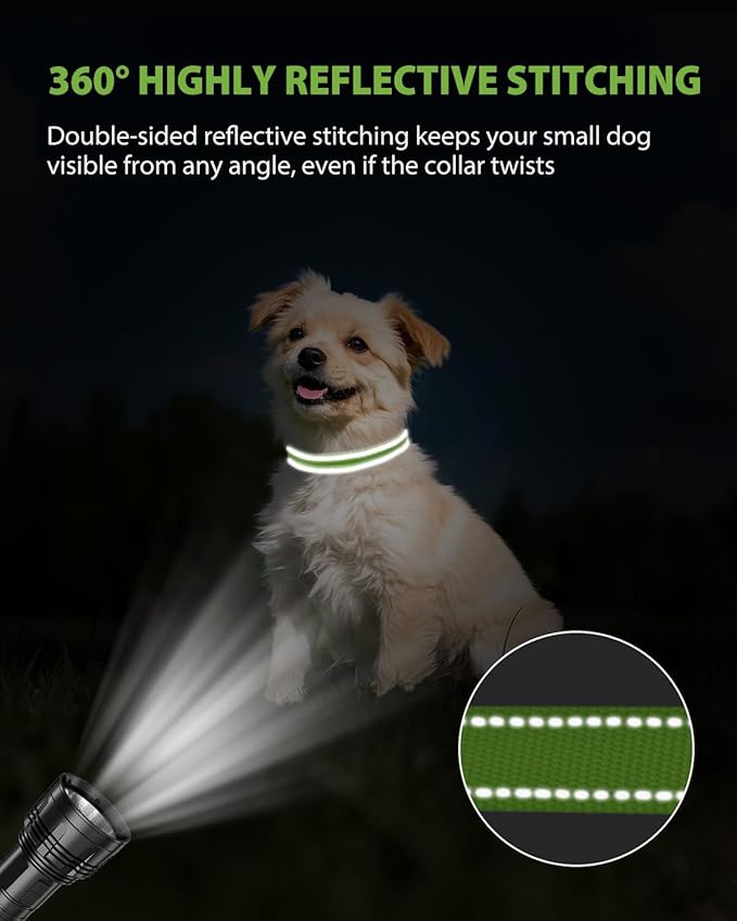 Joytale Dog Collars for Small Dogs, Feather-Light Double-Sided Reflective Nylon Collar for Night Safety, Adjustable Quick-Release for Growing Puppies, Green, S (5/8" Width)