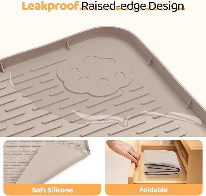 Dog Food Mat, Extra Large 40" x 28" Silicone Pet Feeding Mat for Small, Medium, and Large Pets Non-Slip, Easy to Clean, Khaki