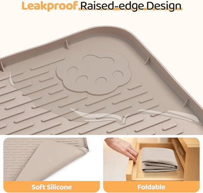 Dog Food Mat, Extra Large 57" x 40" Silicone Pet Feeding Mat with Raised Edge Pet Placemat for Small, Medium, and Large Pets Non-Slip, Easy to Clean (Khaki)