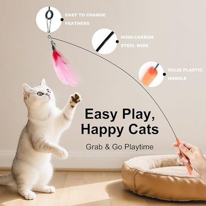 Cat Feather Wands with Replacement Feathers, Interactive Wand Toys, Feathers & Bell, Teaser Wand for Kittens and Adult Cats, Indoor Play to Exercise