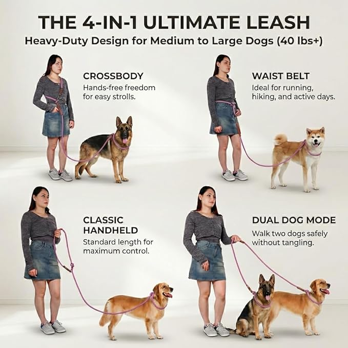 Tails & Tales Hands Free Dog Leash for Walking Running Training, Adjustable Lead Up to 9.8ft, Dogs Up to 125lbs, Crossbody, Dual Handle, Multifunctional, Double Attachment for 2 Dogs (Opera Mauve)