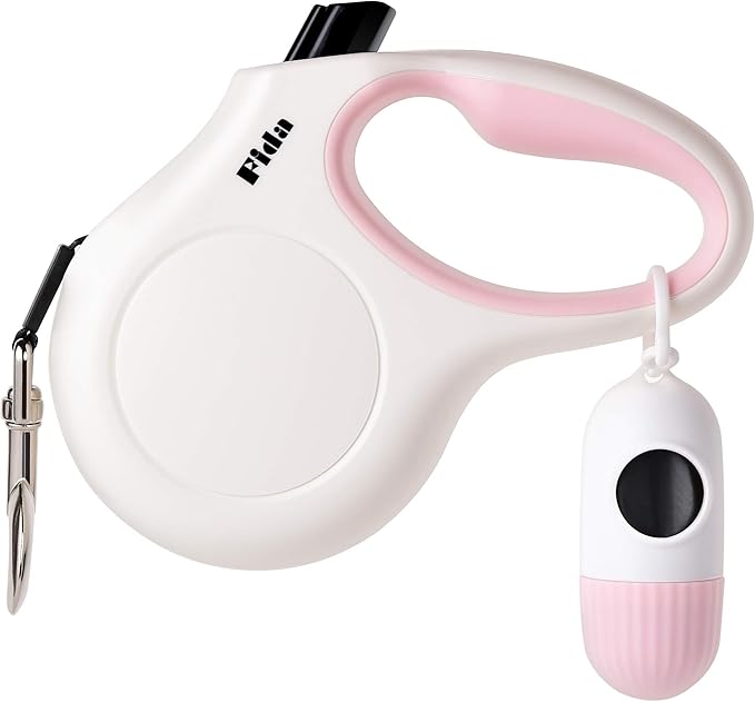 Fida Retractable Dog Leash with Dispenser and Poop Bags, 16 ft Pet Walking Leash for Medium Dog or Cat up to 44 lbs, Anti-Slip Handle, Tangle Free, Reflective Nylon Tape (M, White)