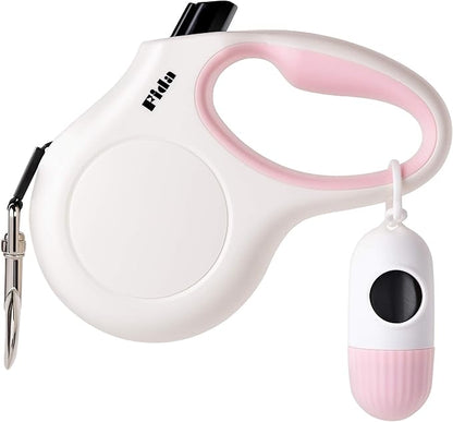 Fida Retractable Dog Leash with Dispenser and Poop Bags, 16 ft Pet Walking Leash for Medium Dog or Cat up to 44 lbs, Anti-Slip Handle, Tangle Free, Reflective Nylon Tape (M, White)