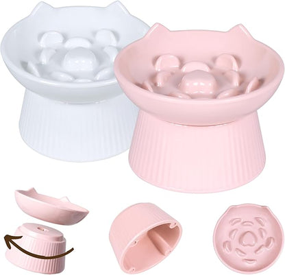 2 Pack Unbreakable Raised Slow Feeder Bowl for Cats and Small Dogs, Elevated Cat Bowls, Detachable Slow Feede Bowl, Heavy Weighted, Non-Slip Feeder, Dry & Wet Food (Pink + White, 6.2'')