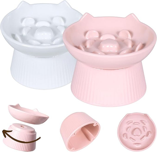 2 Pack Unbreakable Raised Slow Feeder Bowl for Cats and Small Dogs, Elevated Cat Bowls, Detachable Slow Feede Bowl, Heavy Weighted, Non-Slip Feeder, Dry & Wet Food (Pink + White, 6.2'')