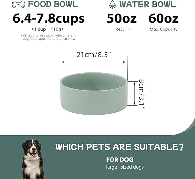 Ceramic 8.2inch Dog Bowl for Large-Breed Dogs, Anti-Slip and Weighted Pet Food and Water Bowl (Single Bowl - Light Green)