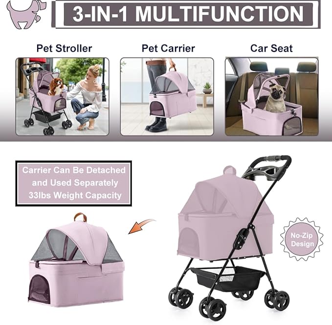 3-in-1 Pet Stroller for Small Dogs and Cats, Folding Lightweight Dog Stroller with Detachable Carrier Portable Cat Puppy Jogging Stroller with Cup Holder and Storage Basket, 4 Wheels