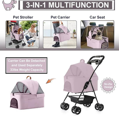 3-in-1 Pet Stroller for Small Dogs and Cats, Folding Lightweight Dog Stroller with Detachable Carrier Portable Cat Puppy Jogging Stroller with Cup Holder and Storage Basket, 4 Wheels