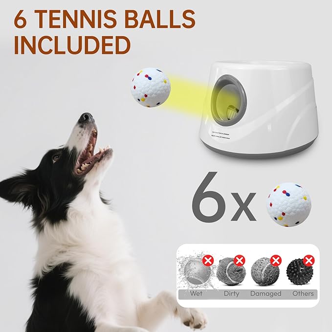 Automatic Ball Launcher for Dogs with 6 ETPU Balls, White, Adjustable Distance 20-45ft, USB Rechargeable, Interactive Dog Toy (Gary)