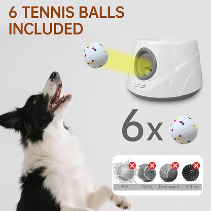 Automatic Ball Launcher for Dogs with 6 ETPU Balls, White, Adjustable Distance 20-45ft, USB Rechargeable, Interactive Dog Toy (Gary)