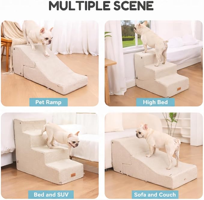 5-Step Dog Stairs and Ramp for Small Dogs and Cats, Pet Steps for High Bed with Non-Slip Bottom, Beige