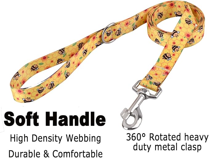 Dog Collar and Leash Set with Bohemia Floral Tribal Geometric Patterns - Soft Ethnic Style Collar Adjustable for Small Medium Large Dogs(Bee Set,M)
