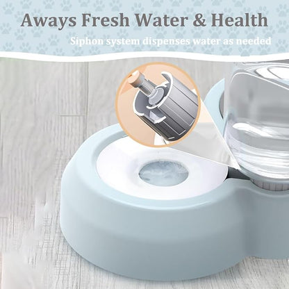 Double Dog Cat Bowls, Pets Food and Water Bowl Set with Automatic Water Dispenser and Stainless Steel Bowl Silicone Dog Bowl Mat, Gravity Feeder for Cats and Small Dogs Puppies (Grey)