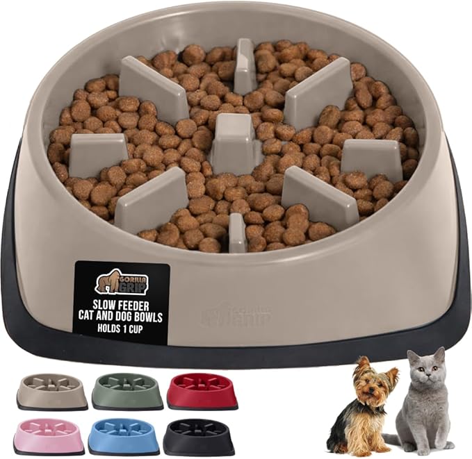 GORILLA GRIP Patented BPA Free Slow Feeder Dog Bowls, Interactive Puzzle Toy for Dogs and Cats Food Training Enrichment, Keeps Pets Busy and Prevents Puppy Overeating, Small Breeds, 1 Cup, Beige