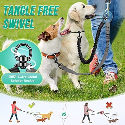 AUTOWT Two Dog Lead, 2 in 1 Upgraded Double Dog Leash Attachment Combine Adjustable Strap and Shock Absorbing Bungee No Tangle Dual Training Splitter for Medium Large Dogs (Black & Grey) - Image 3
