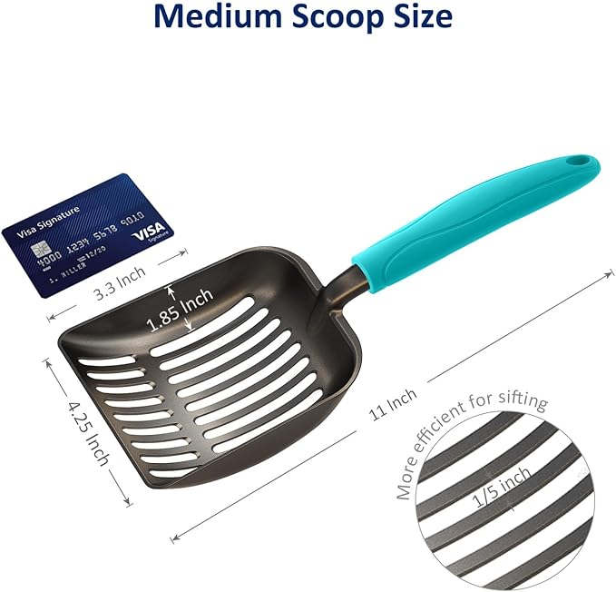 WePet Cat Litter Scoop, Non-Stick Plated Aluminum Alloy Sifter, Kitty Durable Metal Scooper, Deep Shovel, Long Handle, Kitten Pooper Lifter, Size Medium, Coated Black Body with Turkish Blue Handle